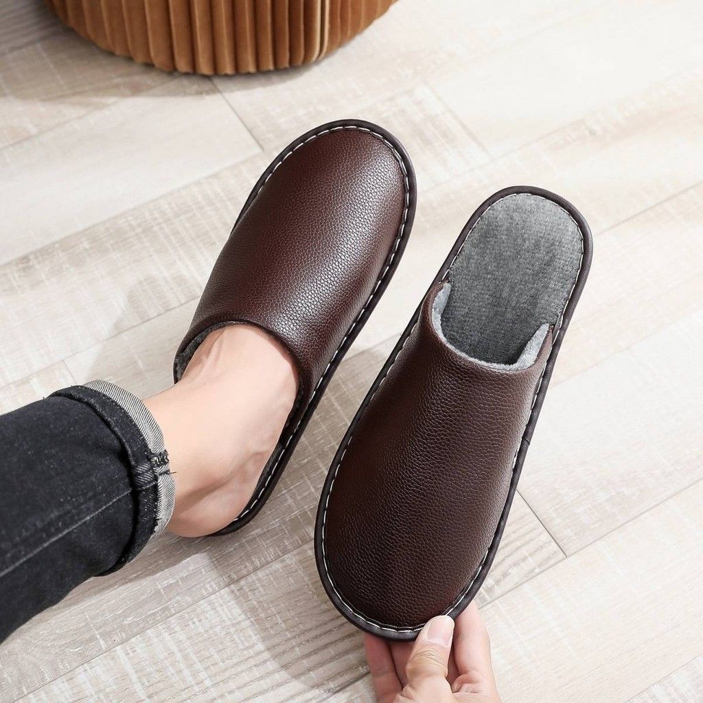 Premium Leather Black Winter Home Slippers for Men & Women | Warm, Waterproof, Non-Slip Indoor Shoes | Sandal | Shoe