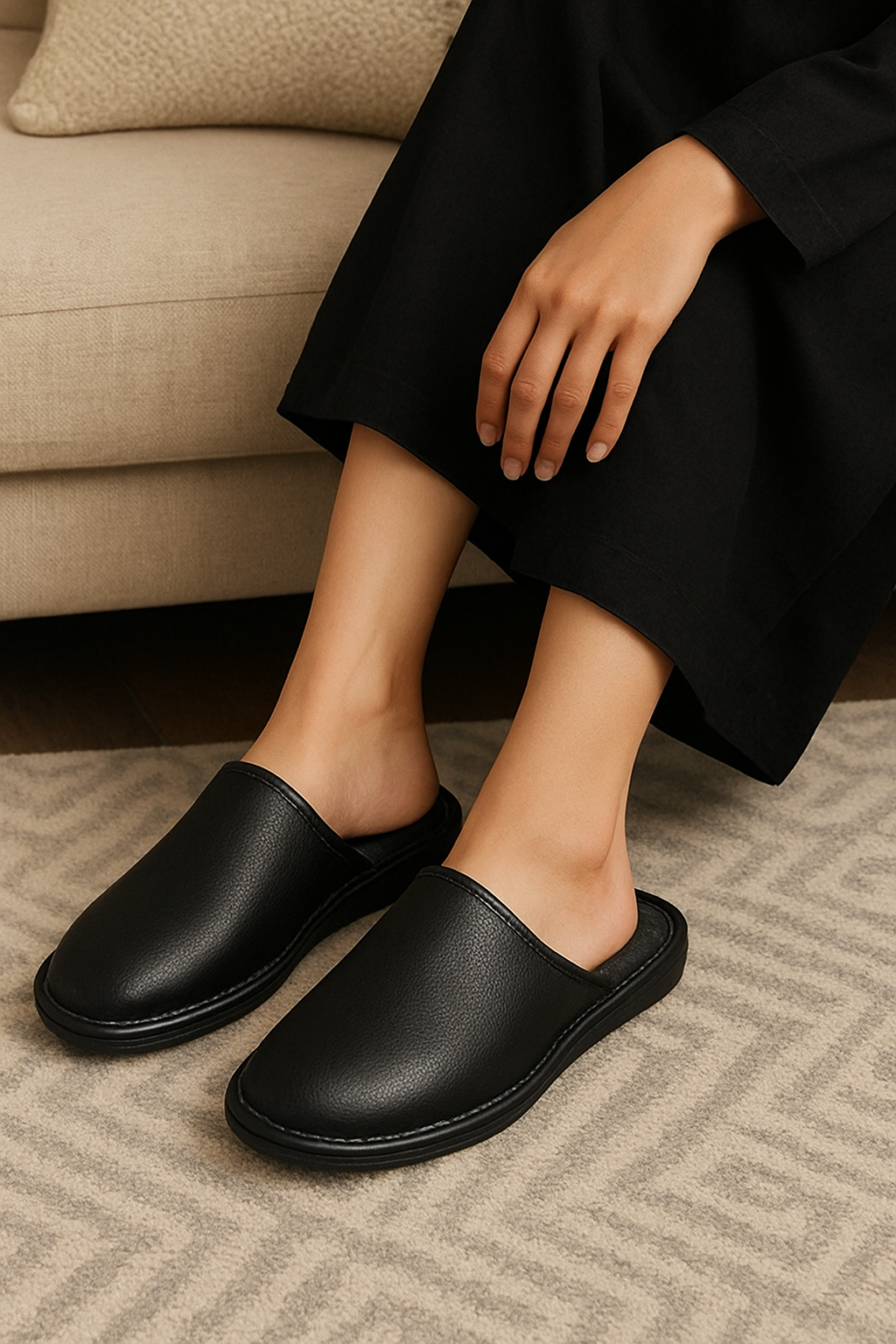 Premium Leather Black Winter Home Slippers for Men & Women | Warm, Waterproof, Non-Slip Indoor Shoes | Sandal | Shoe